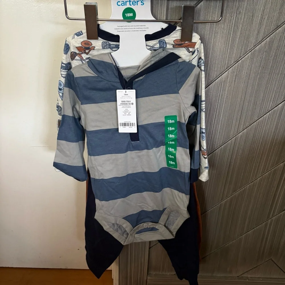 NWT Carter's 4-Piece Long Sleeve Bodysuits & Jogger Set Navy/Brown/Cars 18M